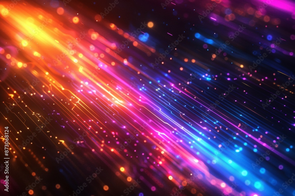 Obraz premium Abstract background with colorful light rays and glowing digital elements