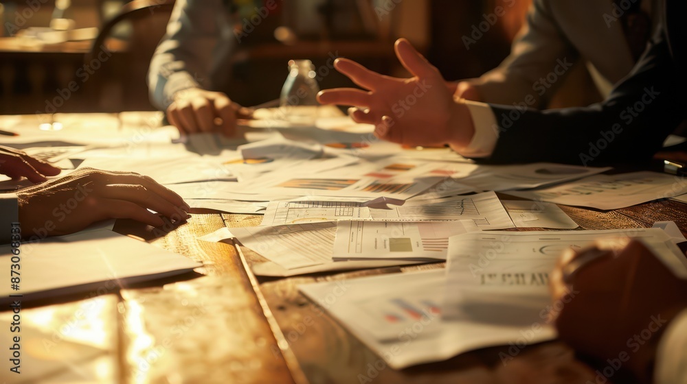 Fototapeta premium close-up of a conference table filled with documents, papers scattered around, intense meeting atmosphere, documentary photography style