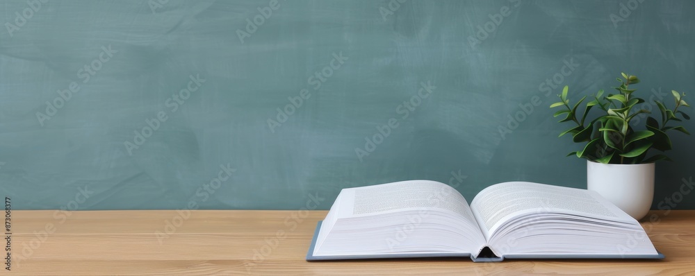 Open Book on Wooden Desk with Green Plant and Chalkboard Background Open Book on Wooden Desk with Green Plant and Chalkboard Background
