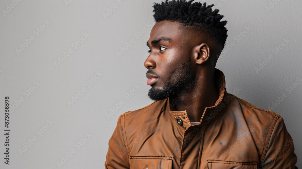 Obraz premium A black man in an urban style, appearing tough, set against a grey background.