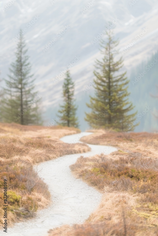 Obraz premium Serene Mountain Path with Lush Evergreens in Misty Landscape. Book cover design