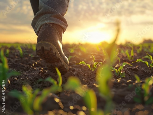 Farmer boots walking away from the camera in a field of sprouting corn at sunset. Generative AI.