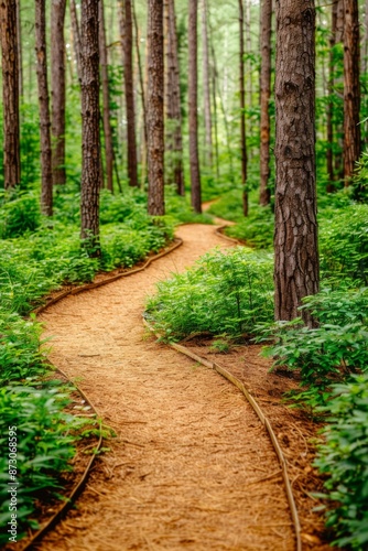 Winding Forest Trail Amidst Tall Pine Trees and Lush Greenery. Book cover design