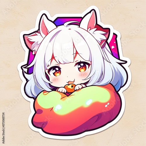 sticker with white border of an adorable creature. Cute animal sticker. Anime style sticker.