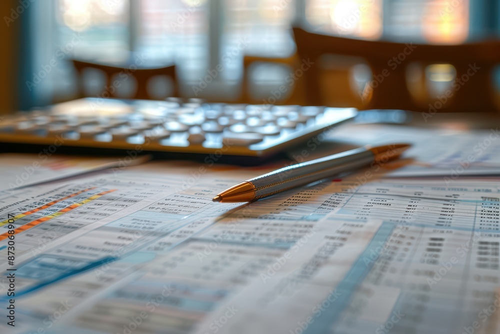 Close-up of tax planning documents, detailed charts and forms, intense focus, captured in Documentary Photography style Close-up of tax planning documents, detailed charts and forms, intense focus, captured in Documentary Photography style