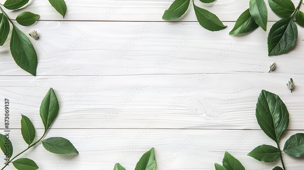 A white wooden board background with a minimalistic green leaf pattern in the corners