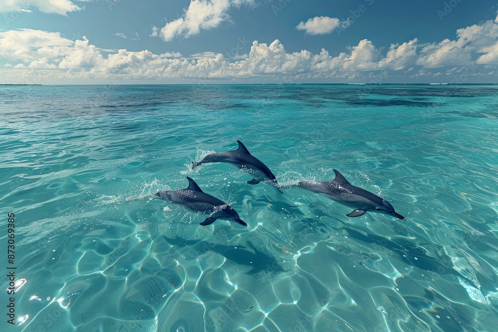 Naklejka premium Three dolphins leap from the ocean, sunlight glistening on the water behind them. Generative AI