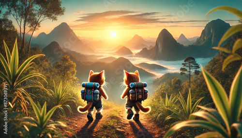 Two adventurous cats wearing small backpacks and hiking boots, trekking along a scenic mountain trail with a beautiful sunrise in the background. The landscape is lush and green.