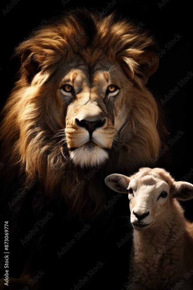 Fototapeta premium The lion and the lamb together standing on black background
