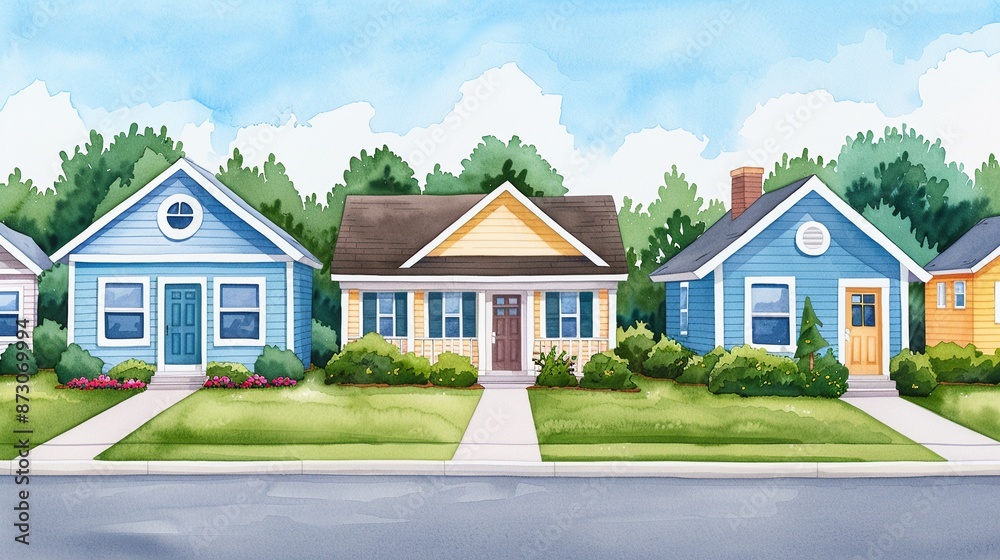 New suburban development with an upward trend arrow, families moving in, watercolor, realistic New suburban development with an upward trend arrow, families moving in, watercolor, realistic