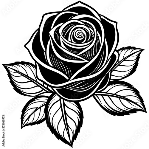 rose with leaves line art vector white background