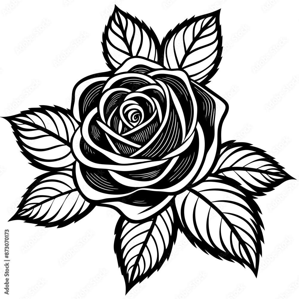 Fototapeta premium rose with leaves line art vector white background