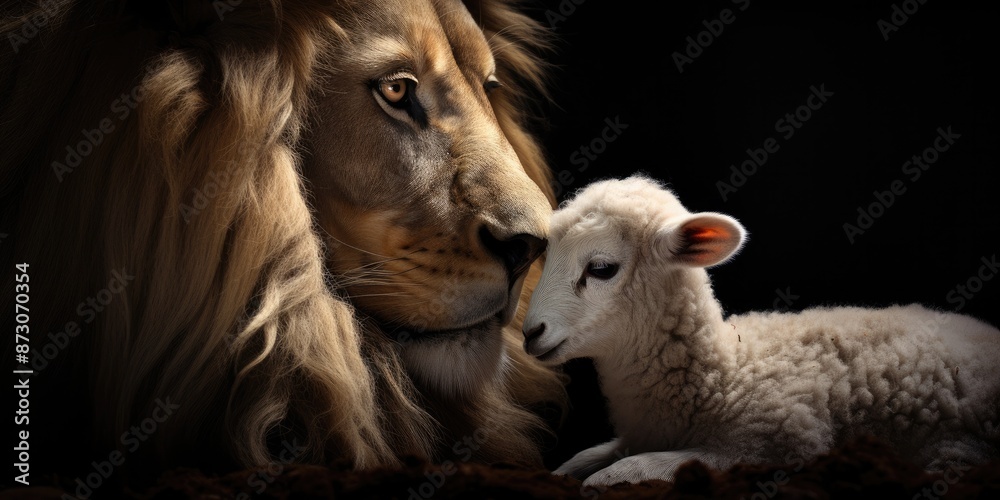 Obraz premium The lion and the lamb together standing on black background