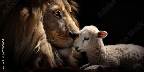 The lion and the lamb together standing on black background