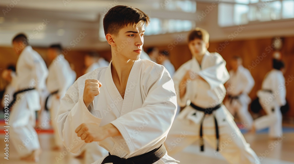 Karate asian martial art training in a dojo hall. young man wearing white kimono and black belt fighting learning, exercising and teaching. students watching in the background Karate asian martial art training in a dojo hall. young man wearing white kimono and black belt fighting learning, exercising and teaching. students watching in the background