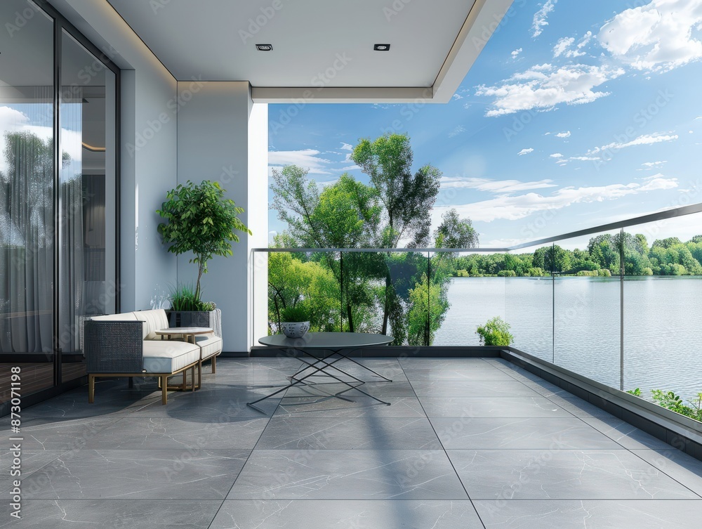 Obraz premium Modern balcony, coffee table, gray tile floor, background is the lake view park outside the balcony. Generative AI.