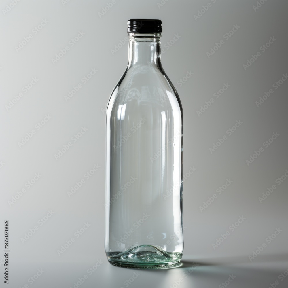 Empty Glass Bottle with Black Cap on Gray Background Empty Glass Bottle with Black Cap on Gray Background