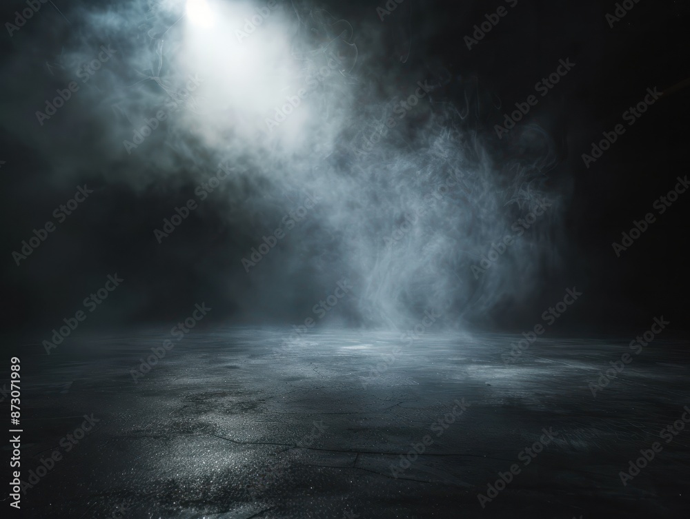 Mysterious and atmospheric scene with dark empty space. Floor is illuminated by spotlight creating dramatic interplay of light and shadows. Presence of smoke or mist element of mystery ambiance Mysterious and atmospheric scene with dark empty space. Floor is illuminated by spotlight creating dramatic interplay of light and shadows. Presence of smoke or mist element of mystery ambiance