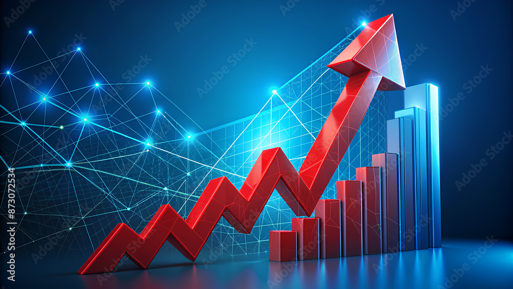 Red polygonal arrow on blue background with financial chart Red polygonal arrow on blue background with financial chart