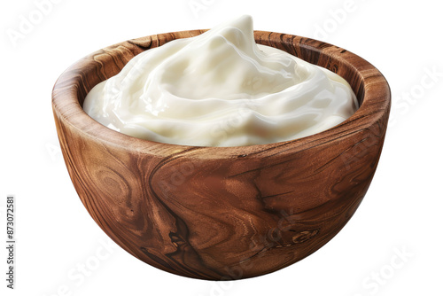 Greek yogurt in wooden bowl isolated on transparent background