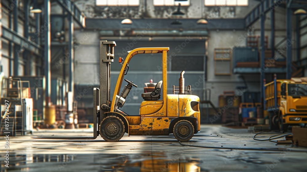 Industrial yellow Forklift Truck Transporting Materials in 3D Render with Machinery in Background Industrial yellow Forklift Truck Transporting Materials in 3D Render with Machinery in Background