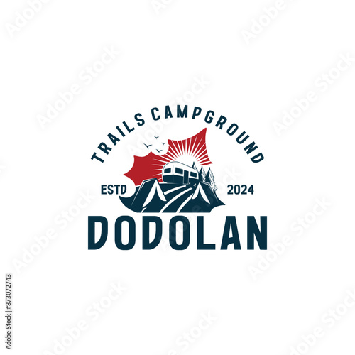 Camping badge design. Outdoor adventure logo with quote - Home is where we park it, for t shirt. Included retro camper van trailer and wanderlust patches. Unusual hipster style.