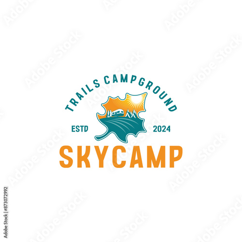 Camping badge design. Outdoor adventure logo with quote - Home is where we park it, for t shirt. Included retro camper van trailer and wanderlust patches. Unusual hipster style.