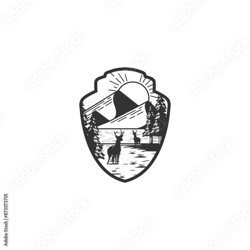 Bear logo emblem vector illustration silhouette for shirt or print stamp. Summer camp. Vector. Concept for shirt or patch, print, stamp. Vintage typography design with rv trailer
