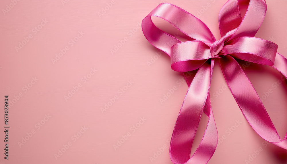 A pink ribbon is tied in a bow on a pink background A pink ribbon is tied in a bow on a pink background
