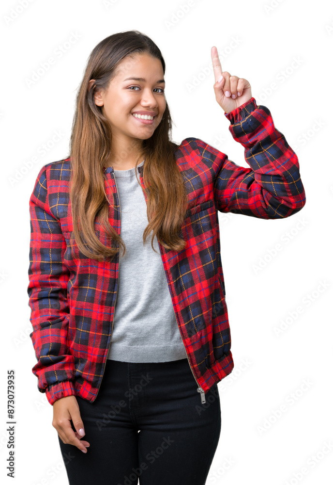 Young beautiful brunette woman wearing a jacket over isolated background pointing finger up with successful idea. Exited and happy. Number one. Young beautiful brunette woman wearing a jacket over isolated background pointing finger up with successful idea. Exited and happy. Number one.