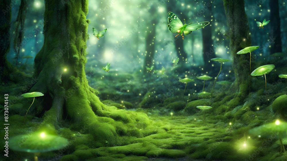 Fototapeta premium Mossy forest clearing bathed in the soft glow of the moon, where fireflies dance and create a magical luminescent spectacle