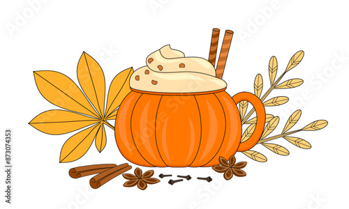 Pumpkin spice dessert with whipped cream in a stylized mug and autumn foliage vector illustration, isolated on white background, poster, banner.