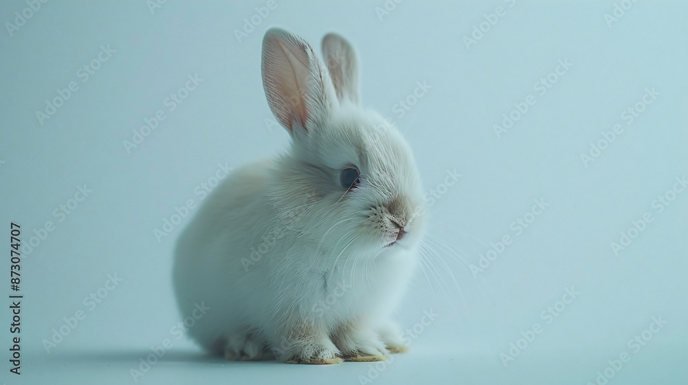 Serene Rabbit Sits Under Soft Studio Lights on blue Background Serene Rabbit Sits Under Soft Studio Lights on blue Background