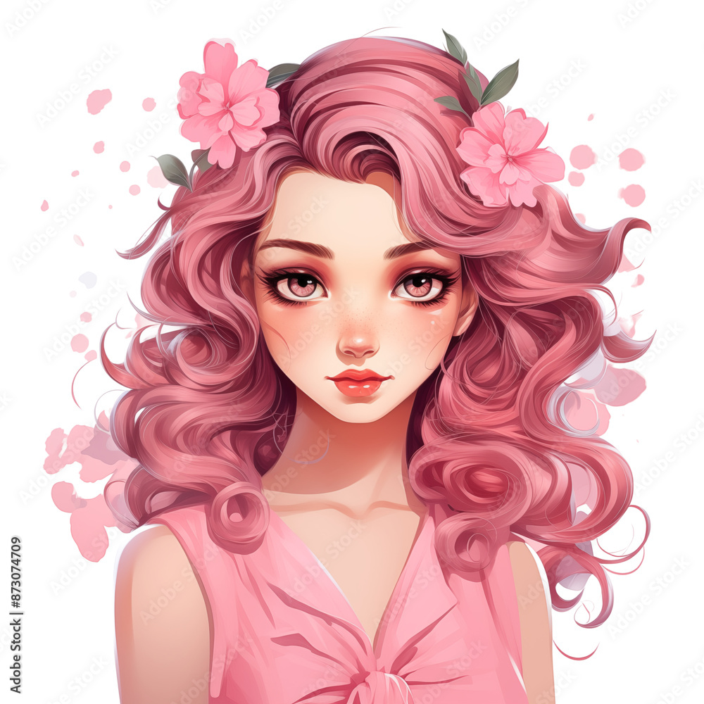 Beautiful girl with pink hair and flowers in her hair isolated on transparent background. Beautiful girl with pink hair and flowers in her hair isolated on transparent background.