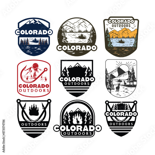 Colorful summer Colorado outdoors labels set.  Vector. Concept for shirt or patch, print, stamp. Vintage typography design with rv trailer, 