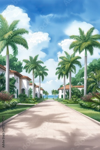 A serene tropical street lined with tall palm trees and white houses under a vibrant blue sky and fluffy clouds.