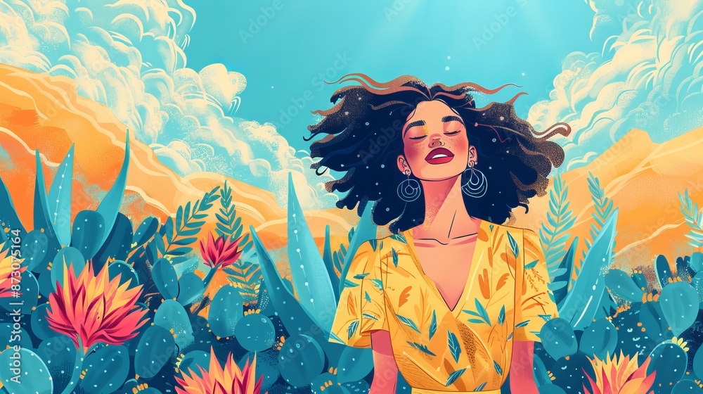 Portrait of a girl among cacti and succulents against the backdrop of desert hills and blue sky. Art - colorful illustration of a girl in the desert with cacti and other plants Portrait of a girl among cacti and succulents against the backdrop of desert hills and blue sky. Art - colorful illustration of a girl in the desert with cacti and other plants
