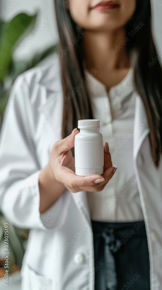 Doctor holding a white medicine bottle, partial face visible. Healthcare professional presenting pharmaceutical product. Concept of medication and healthcare. Doctor holding a white medicine bottle, partial face visible. Healthcare professional presenting pharmaceutical product. Concept of medication and healthcare.