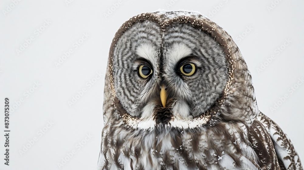 Majestic Owl Portrait in Studio Lighting on White Background Majestic Owl Portrait in Studio Lighting on White Background