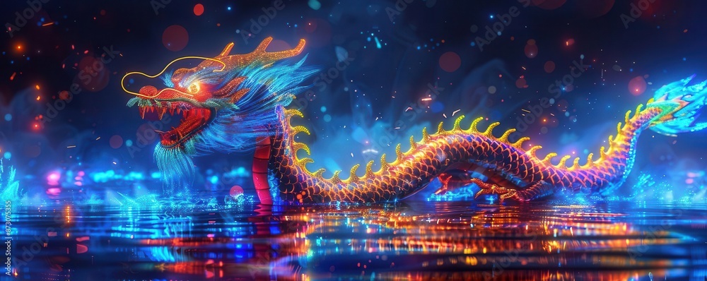 A glowing, red dragon with orange flames. It stands on a blue, water-like surface. A glowing, red dragon with orange flames. It stands on a blue, water-like surface.