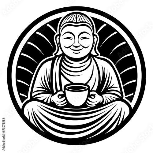 round logo cheerful buddha with a mug of tea