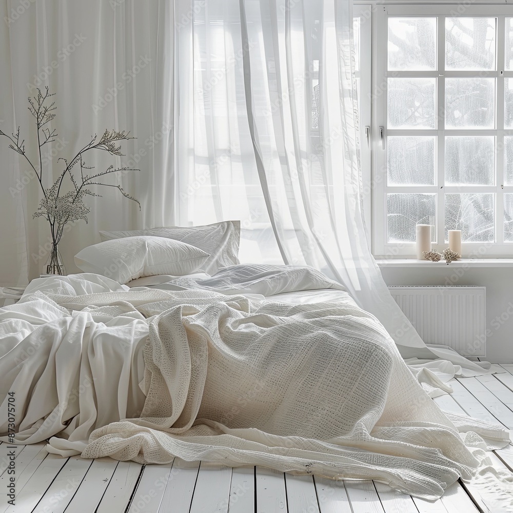 white bedroom with pillow blanket white curtain and window ,white cozy room conept,Large comfortable bed in light room.