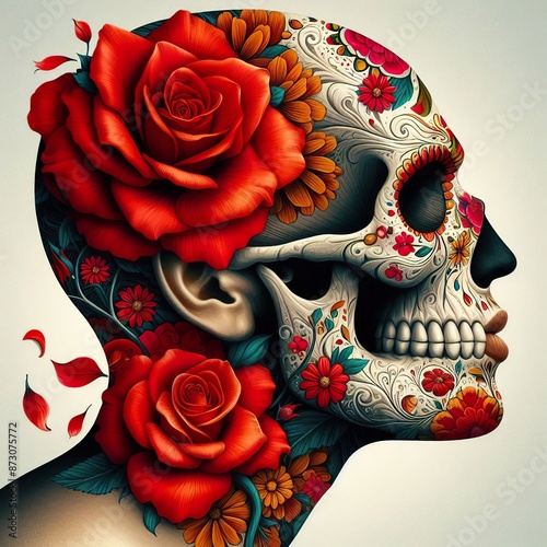 a surreal portrait combining elements of life and death, featuring a skull with floral motifs and vibrant red flowers