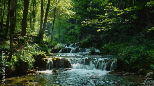 A beautiful stream of water flows through a lush green forest generated by AI