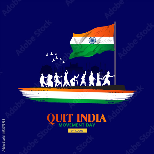 Quit India Movement Anniversary or August Kranti Din vector Illustration, Social Media Design Template Post, silhouette concept person carrying Indian flag, suitable for Exit India Movement Day  photo