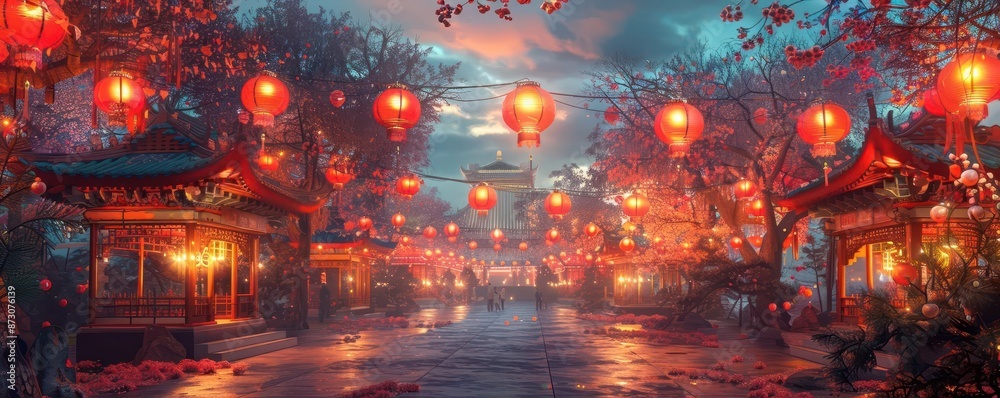 Naklejka premium Street lined with lanterns at night, creating a warm and inviting atmosphere.
