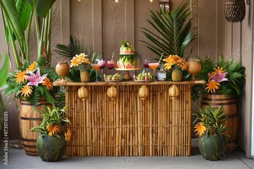 Tropical Themed Party Table with Bamboo Bar