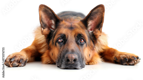 A German Shepherd dog lying down, looking at the camera with its head tilted to one side on a white background  © Den Elbriggs
