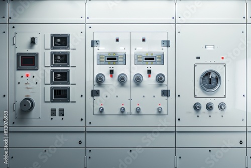 High voltage switchgear panel with control knobs and indicators. photo