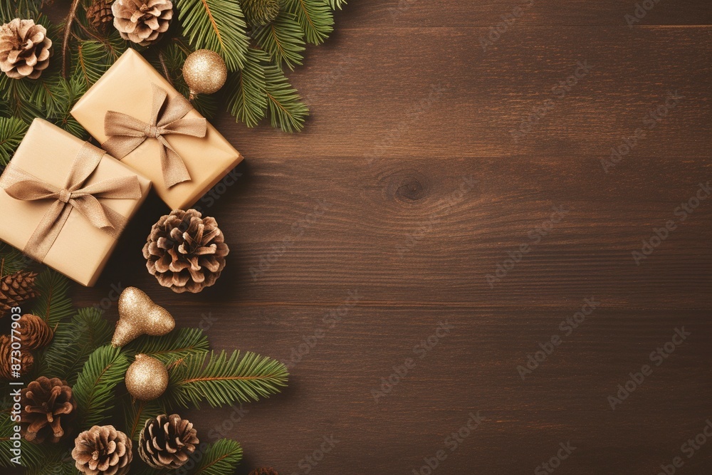 Christmas composition with fir tree branches pine cones gift boxes tag and ribbons Flat lay with blank copy space with generative ai Christmas composition with fir tree branches pine cones gift boxes tag and ribbons Flat lay with blank copy space with generative ai